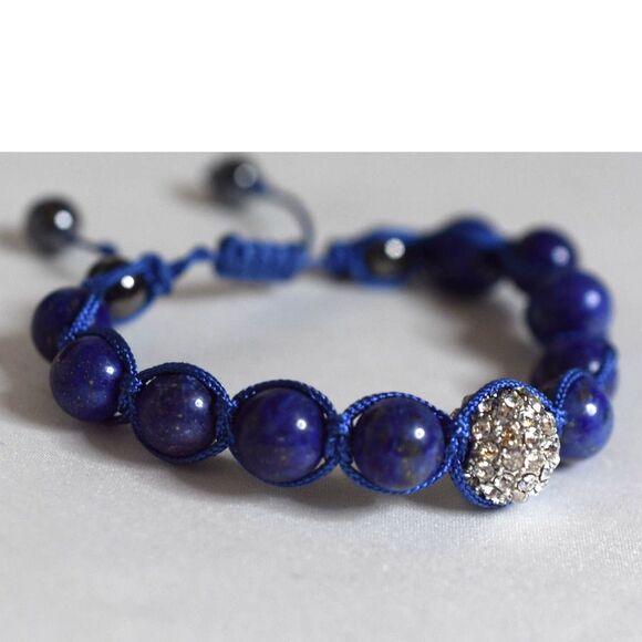 NWOT Shamballa Blue Lapis Beads/Pave Crystal Ball Adjustable 5"-8" Cord Bracelet - Picture 3 of 4